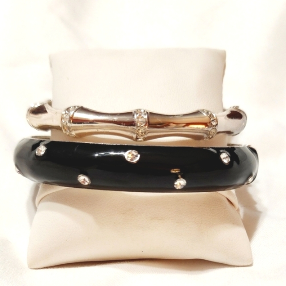 2 Hinge Bangle Bracelets Black Enamel w/Crystals & Bamboo Silvertone w/Crystals - Picture 7 of 13